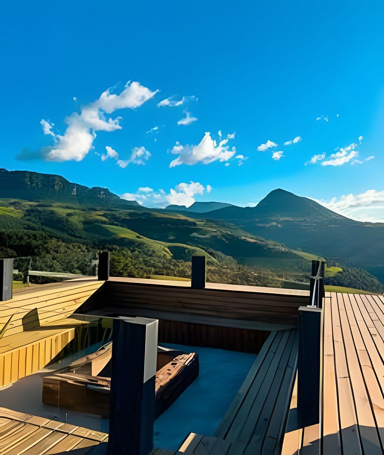 Chalé com piscina, banheira e sala de jogos na Serra